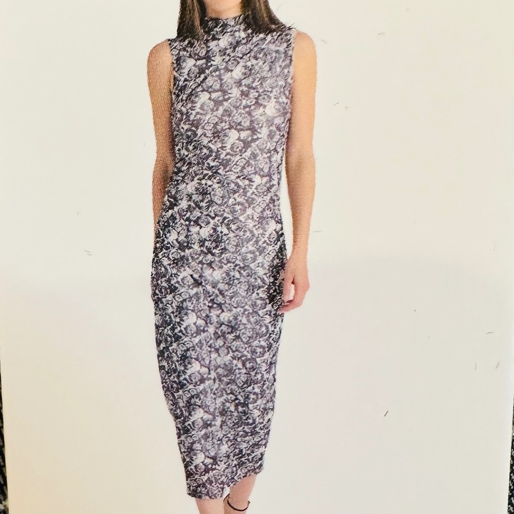 Betsey Johnson Mesh Midi Dress Womens XL Black White Rose Floral Mock Neck NEW